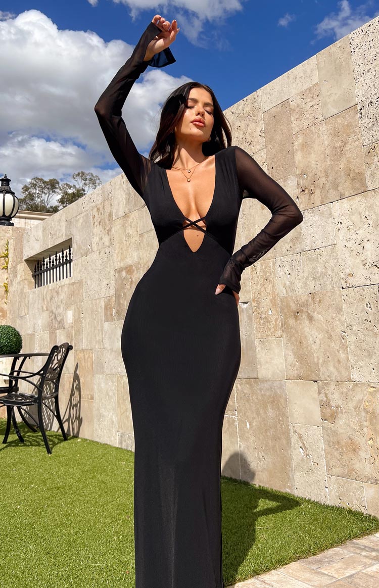 Monni - Robe longue noire à manches en maille