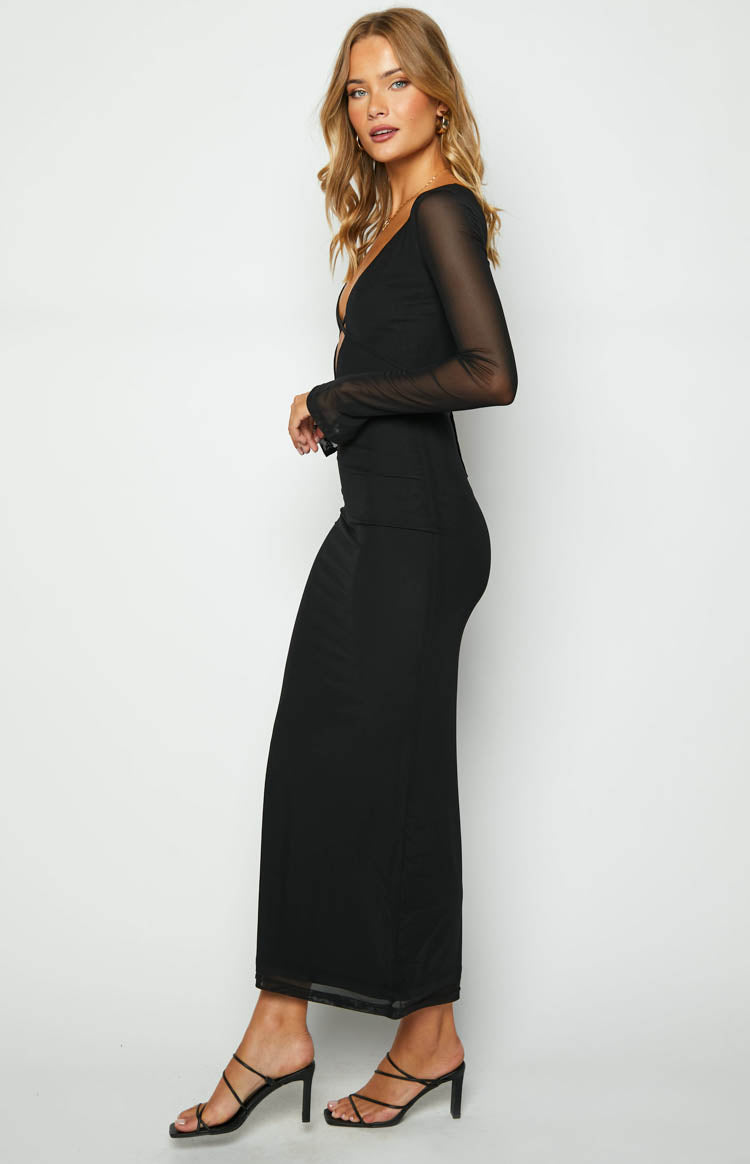 Monni - Robe longue noire à manches en maille